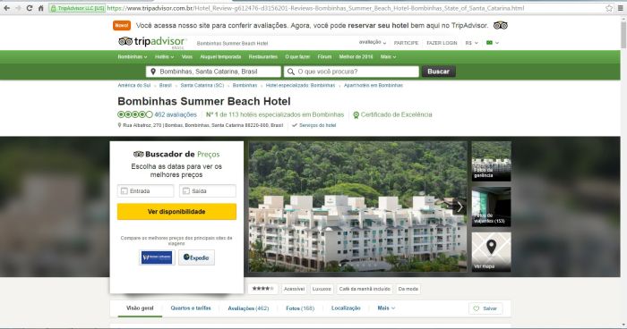 Página da Tripadvisor indica primeira colocação do Bombinhas Summer Beach & Spa (Divulgação)