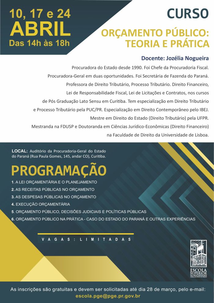 Aulas do curso vão acontecer dias 10, 17 e 24 de abril no auditório da PGE-PR - Foto: Divulgação