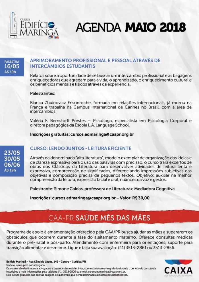 Agenda de Maio leva programação especial para o Edifício Maringá da CAA/PR - Foto: Divulgação