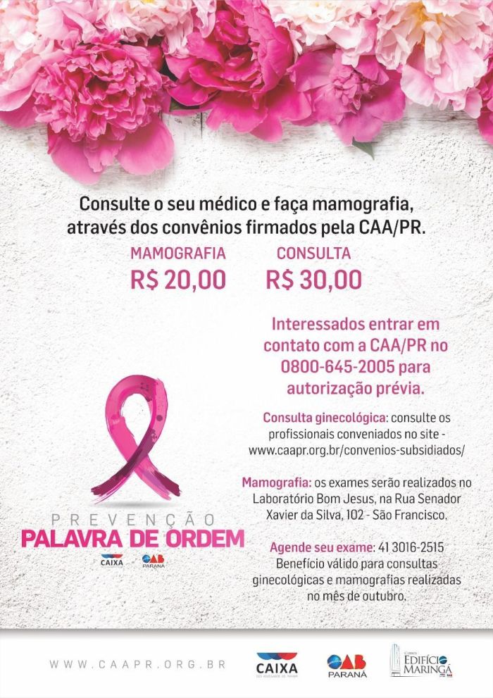 Em outubro, CAA/PR oferece consulta por R$ 30,00 e mamografia por R$ 20,00 - Foto: Divulgação