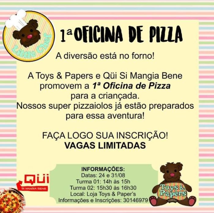 1ª Oficina de Pizza para Crianças será nos sábados, 24 e 31 de agosto - Foto: Divulgação